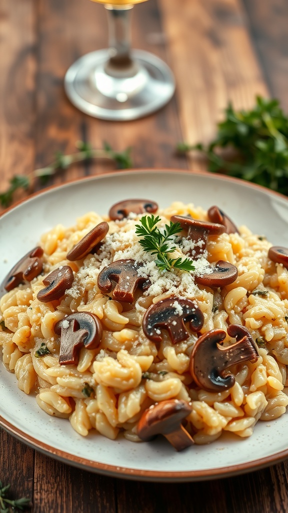Creamy Savory Mushroom Risotto A plate of creamy mushroom risotto garnished with parsley and parmesan on a rustic wooden table.